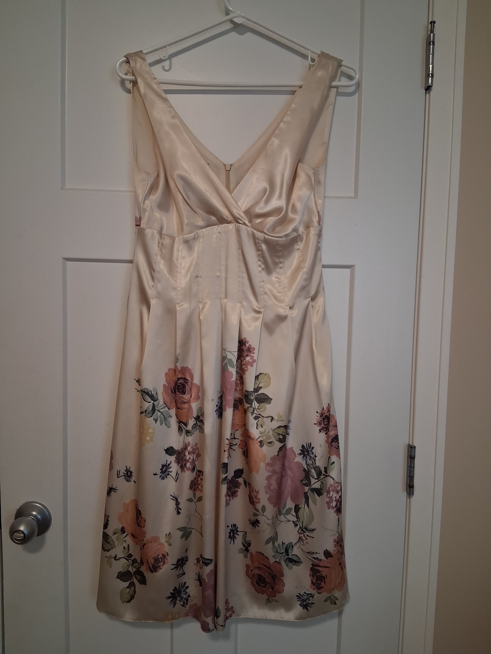 Ivory Floral Satin Midi Dress with V-Neck